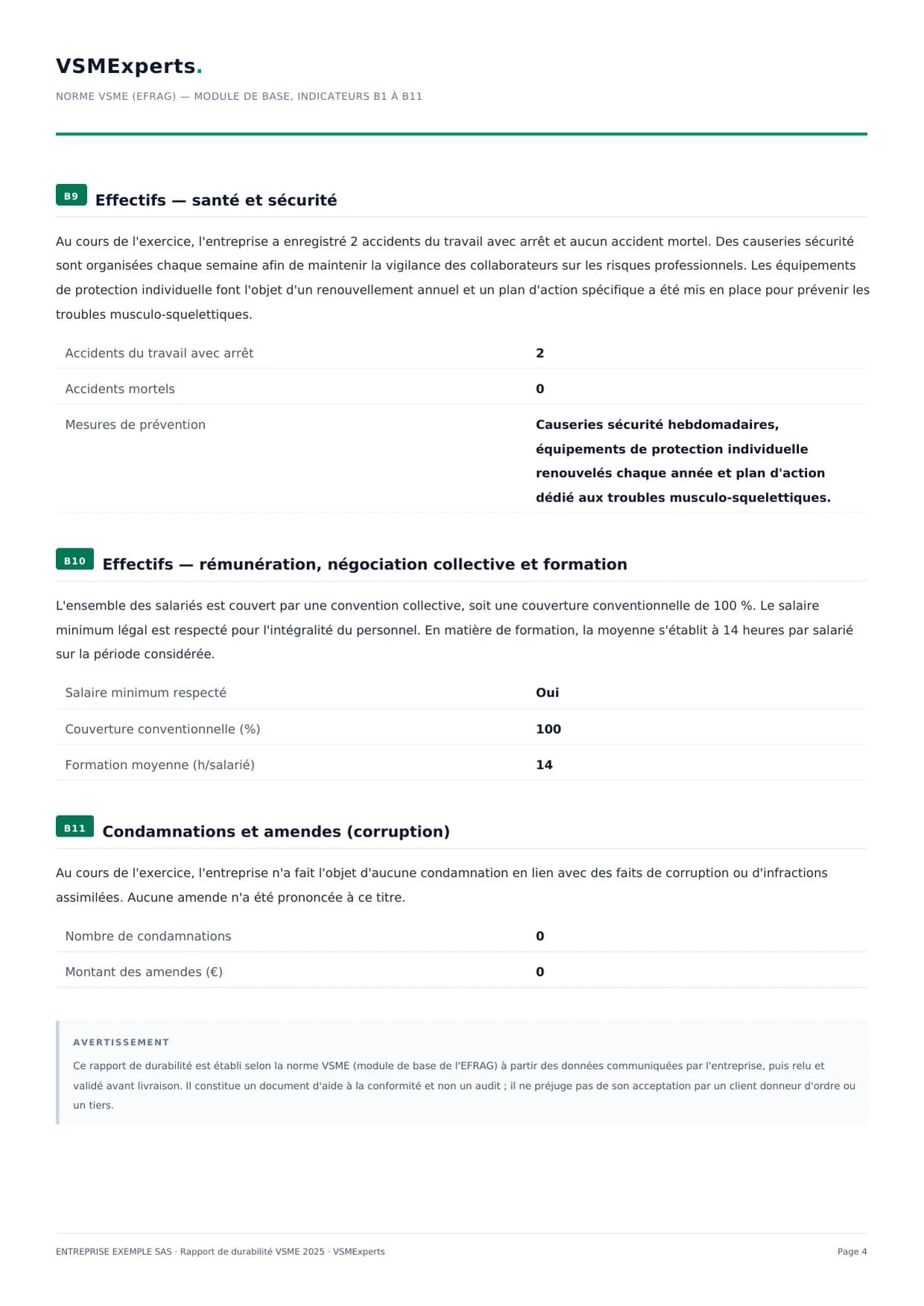 Exemple de rapport VSME, page 4 : modules B9 à B11